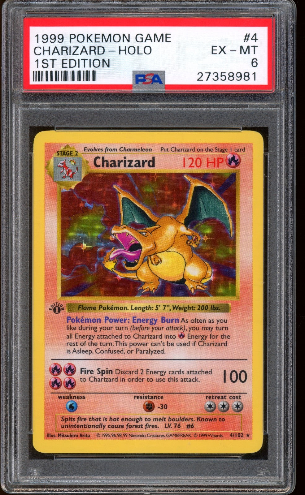 1999 Pokemon 1st Edition Shadowless Charizard Base Set Holo Rare #4 PSA 6 EX-MT