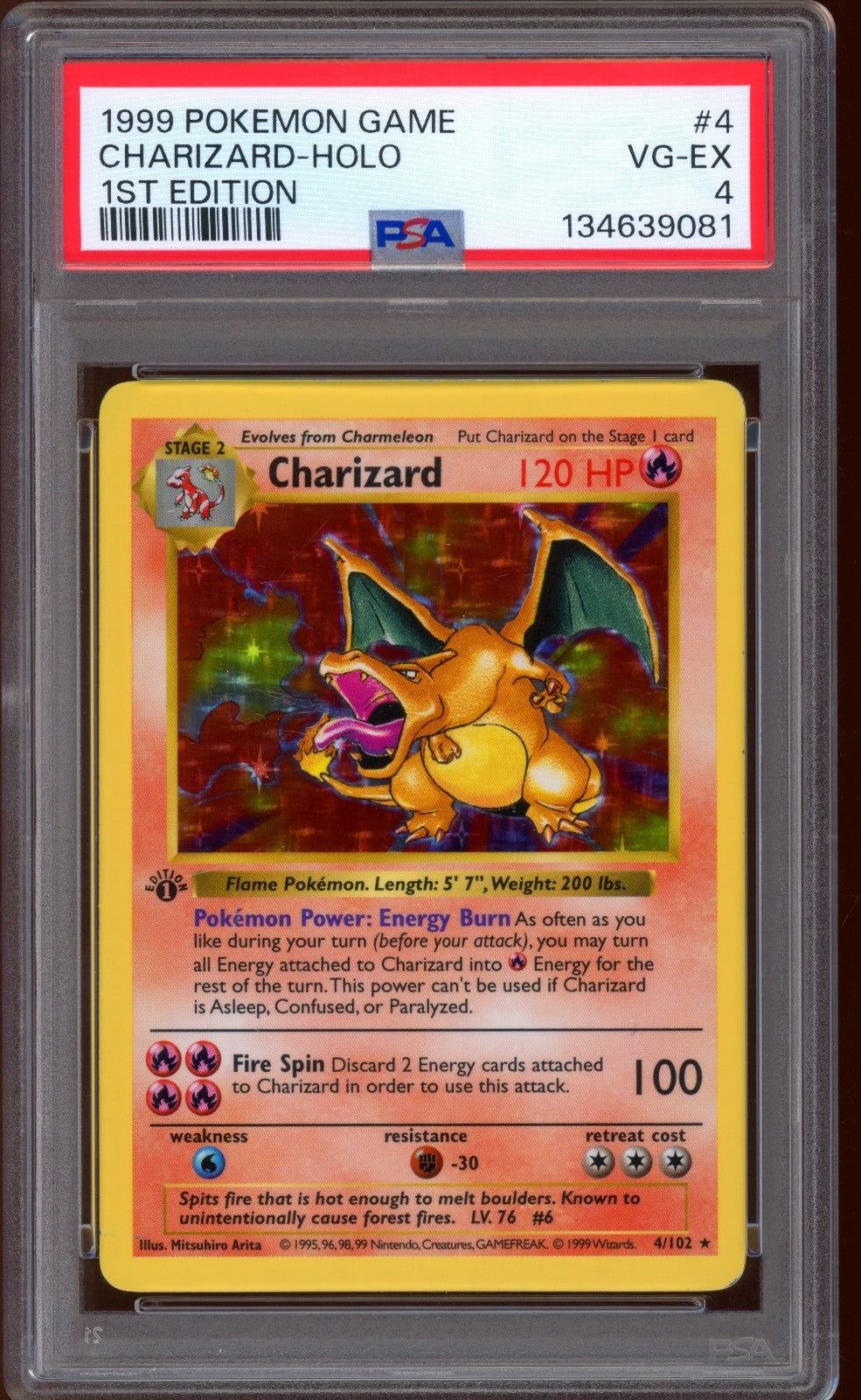 1999 Pokemon 1st Edition Shadowless Charizard Base Set Holo Thick Stamp PSA 4