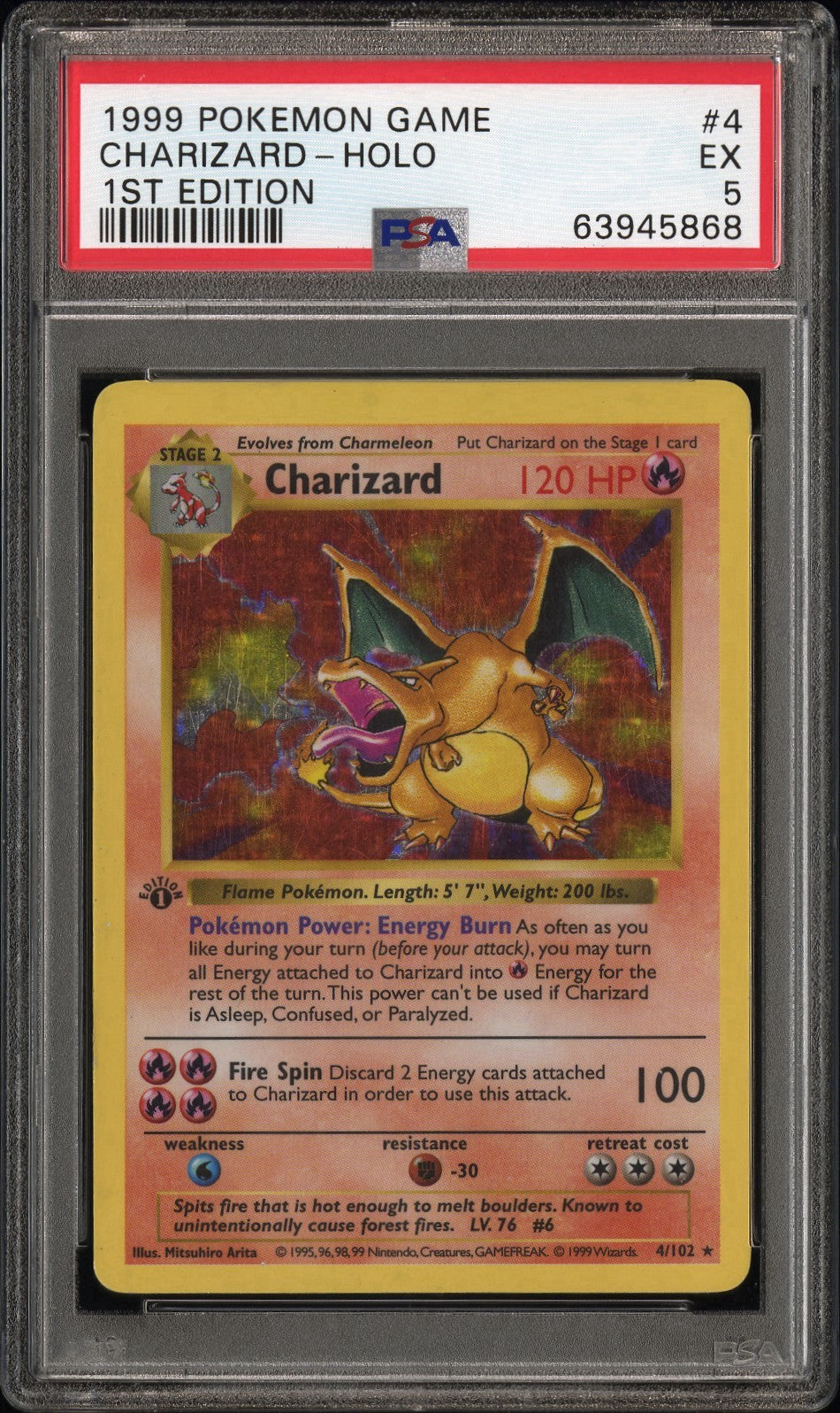 1999 Pokemon 1st Edition Shadowless Charizard Base Set Holo Rare #4 PSA 5 EX